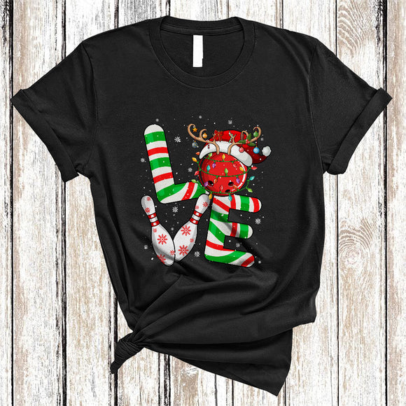 MacnyStore - LOVE, Joyful Cool Christmas Santa Reindeer Bowling Ball, Bowling Sport Player X-mas Team T-Shirt