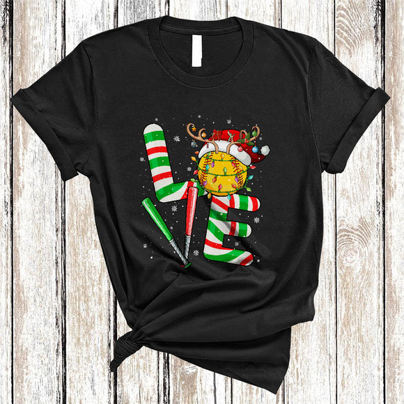 MacnyStore - LOVE, Joyful Cool Christmas Santa Reindeer Softball Ball, Softball Sport Player X-mas Team T-Shirt