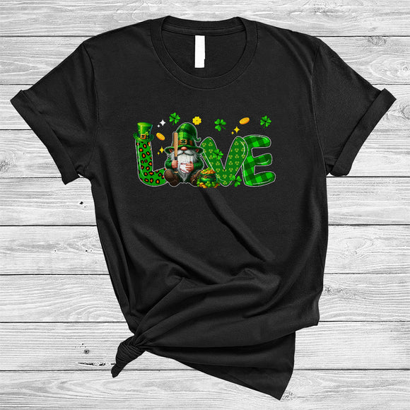 MacnyStore - LOVE, Joyful St. Patrick's Day Gnome Playing Baseball, Shamrock Matching Baseball Player Team T-Shirt