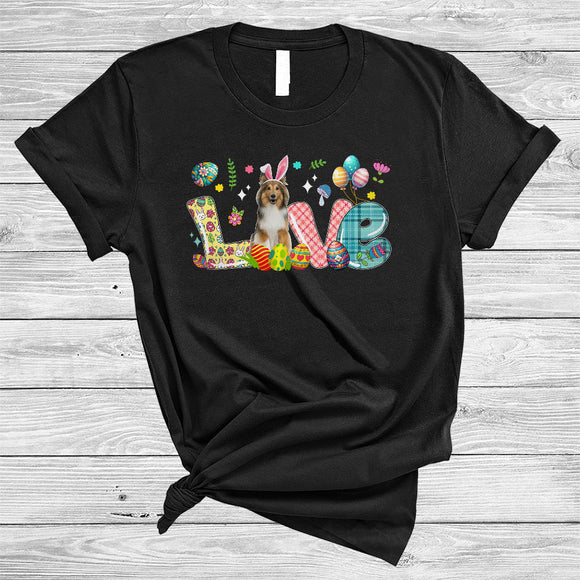 MacnyStore - LOVE, Lovely Easter Day Plaid Shetland Sheepdog Bunny Lover, Matching Family Egg Hunt Group T-Shirt