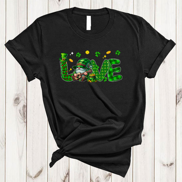 MacnyStore - LOVE, Lovely St. Patrick's Day Leopard Plaid Gnome Playing Guitar, Gnomes Guitarist Group T-Shirt