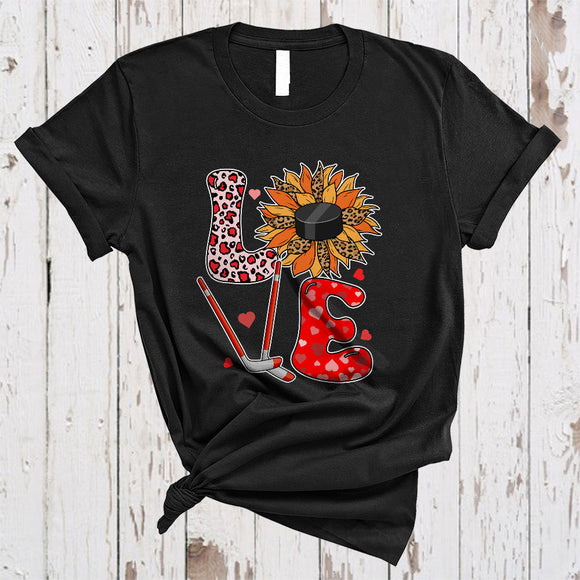 MacnyStore - LOVE, Wonderful Valentine's Day Leopard Sunflower Hockey, Matching Hockey Player Sport Team T-Shirt