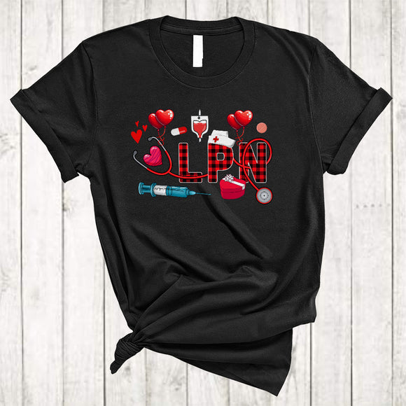 MacnyStore - LPN, Lovely Valentine's Day Plaid Hearts Stethoscope, Matching Nursing Lover Nurse Group T-Shirt