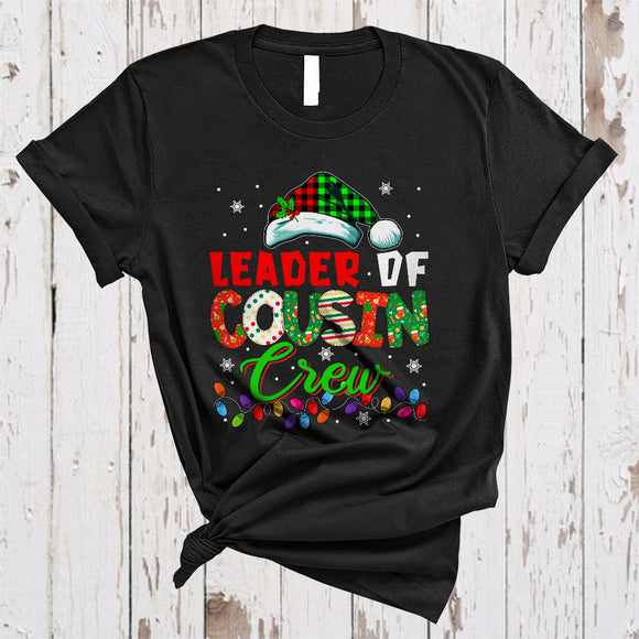 MacnyStore - Leader Of Cousin Crew, Cute Colorful Christmas Lights Snow, Santa Red Green Plaid, X-mas Family T-Shirt