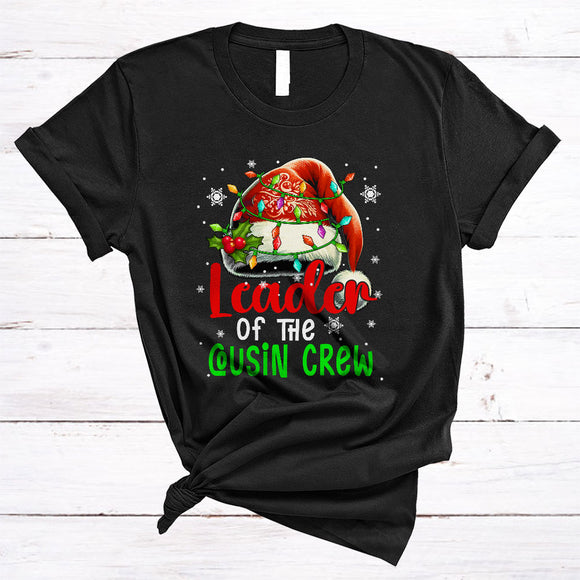 MacnyStore - Leader Of The Cousin Crew, Awesome Funny Christmas Lights Santa Hat, X-mas Family Group T-Shirt
