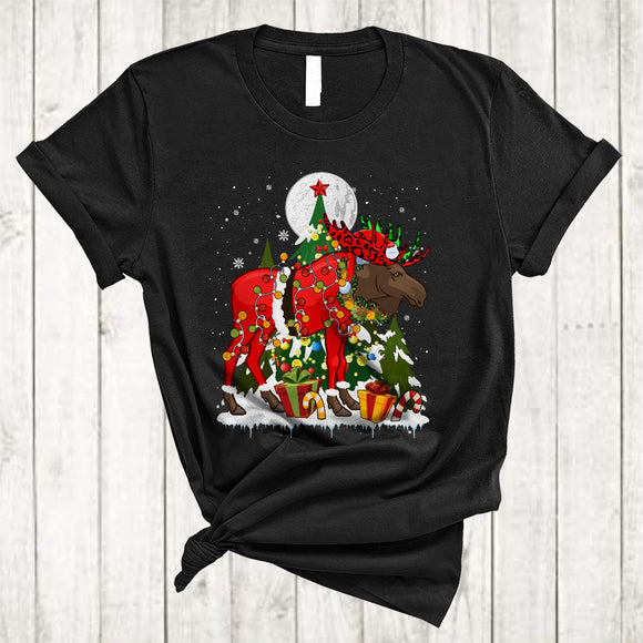 MacnyStore - Leopard Moose Wearing Xmas Lights Santa Hat Cute Merry Christmas Snow Santa Moose T-Shirt