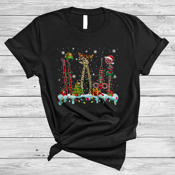 MacnyStore - Leopard Plaid Dentist Tools, Colorful Funny Christmas Lights, X-mas Snow Pajamas Group T-Shirt