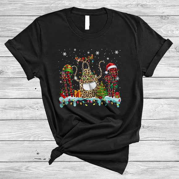 MacnyStore - Leopard Plaid Lunch Lady Tools, Colorful Funny Christmas Lights, X-mas Snow Pajamas Group T-Shirt
