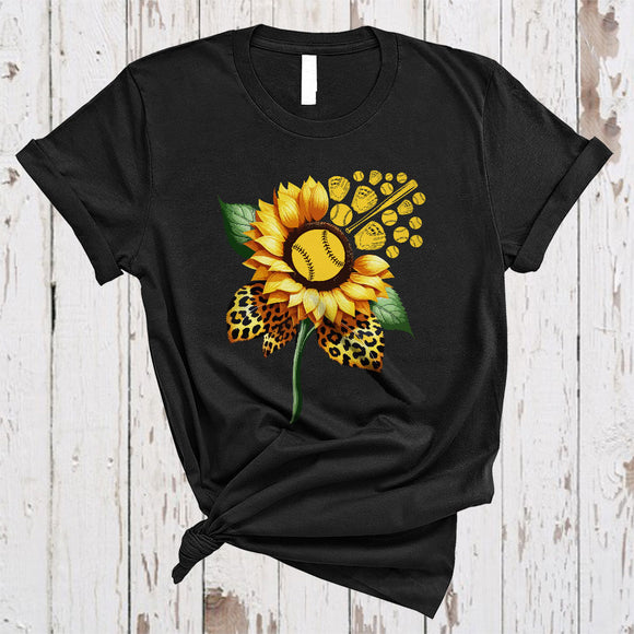 MacnyStore - Leopard Sunflower With Softball Player, Adorable Flowers, Matching Women Family Group T-Shirt