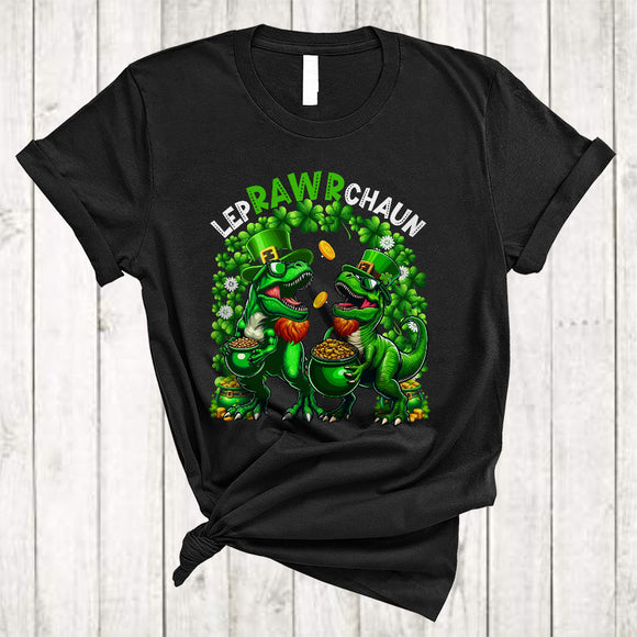MacnyStore - Leprawrchaun, Joyful St. Patrick's Day Lucky Shamrock Couple T-Rex, Dinosaur Lover T-Shirt