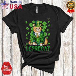 MacnyStore - Leprecat Cute Happy St. Patrick's Day Green Plaid Leprechaun Cat Shamrocks Matching Cat Lover T-Shirt