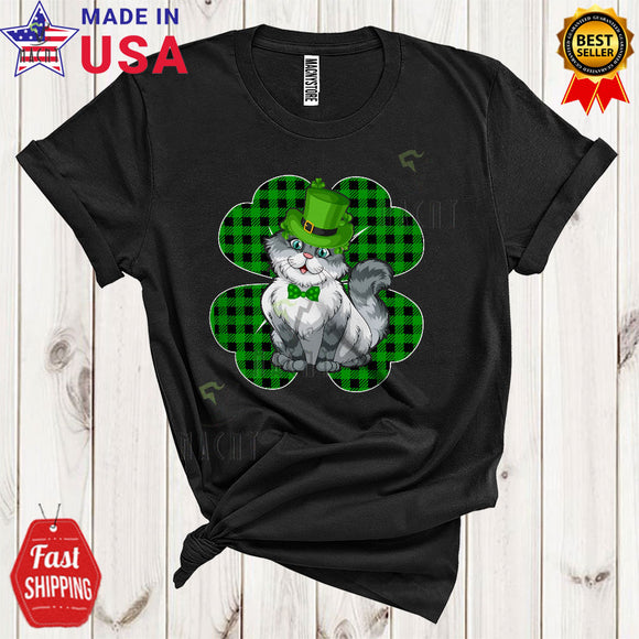 MacnyStore - Leprechaun Cat With Green Plaid Shamrock Shape Funny Cool St. Patrick's Day Irish Animal Lover T-Shirt