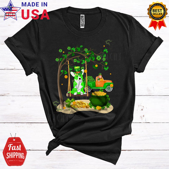 MacnyStore - Leprechaun Corgi On Swing Funny Cute St. Patrick's Day Shamrock Tree Truck Gold Pot T-Shirt