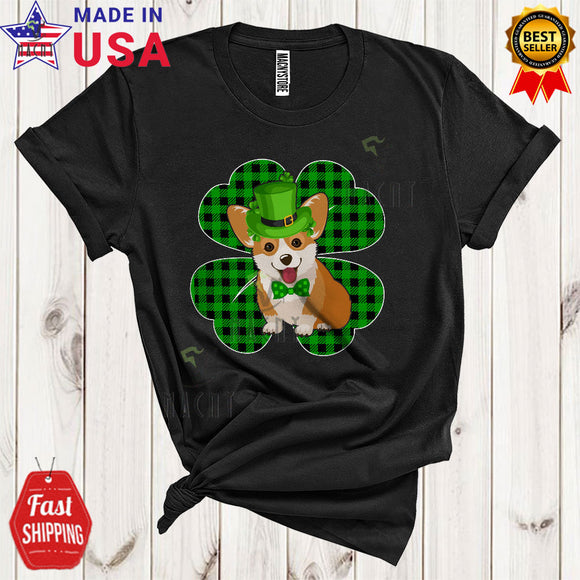 MacnyStore - Leprechaun Corgi With Green Plaid Shamrock Shape Funny Cool St. Patrick's Day Irish Animal Lover T-Shirt