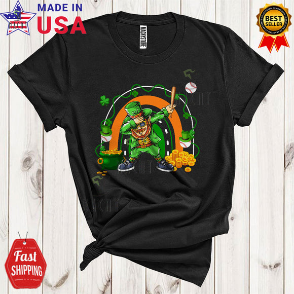 MacnyStore - Leprechaun Dabbing With Baseball Cool Matching St. Patrick's Day Shamrock Rainbow Sport Player T-Shirt