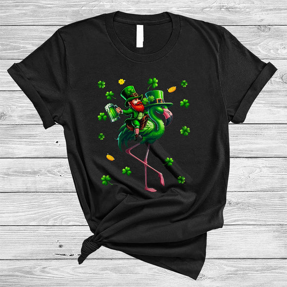 MacnyStore - Leprechaun Drinking Beer On Flamingo, Humorous St. Patrick's Day Beer Lover Flamingo, Drinking Team T-Shirt