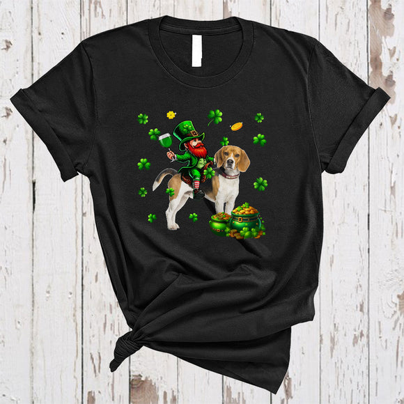 MacnyStore - Leprechaun Drinking Wine On Beagle, Joyful St. Patrick's Day Shamrock, Drinking Team T-Shirt