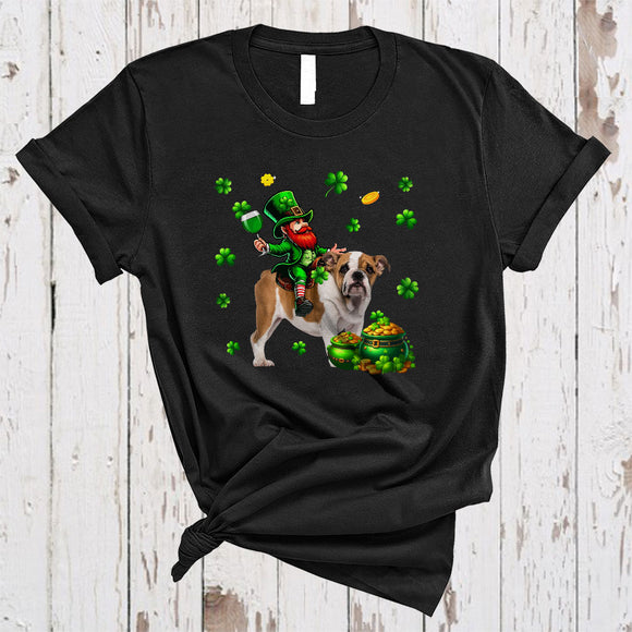 MacnyStore - Leprechaun Drinking Wine On Bulldog, Joyful St. Patrick's Day Shamrock, Drinking Team T-Shirt