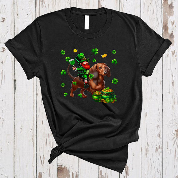 MacnyStore - Leprechaun Drinking Wine On Dachshund, Joyful St. Patrick's Day Shamrock, Drinking Team T-Shirt