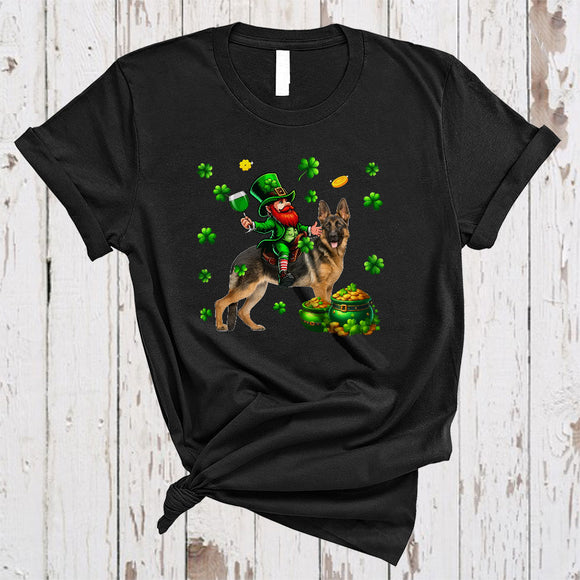 MacnyStore - Leprechaun Drinking Wine On German Shepherd, Joyful St. Patrick's Day Shamrock, Drinking Team T-Shirt