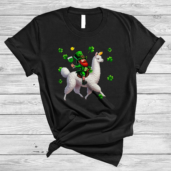 MacnyStore - Leprechaun Drinking Wine On Llama, Humorous St. Patrick's Day Wine Lover Llama, Drinking Team T-Shirt