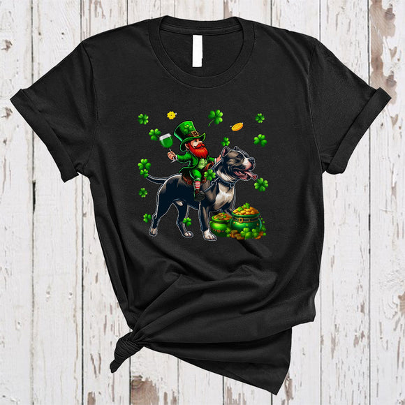 MacnyStore - Leprechaun Drinking Wine On Pit Bull, Joyful St. Patrick's Day Shamrock, Drinking Team T-Shirt