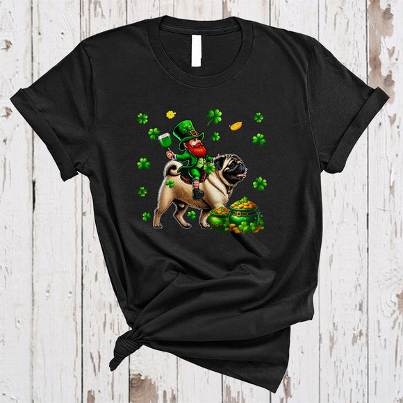 MacnyStore - Leprechaun Drinking Wine On Pug, Joyful St. Patrick's Day Shamrock, Drinking Team T-Shirt