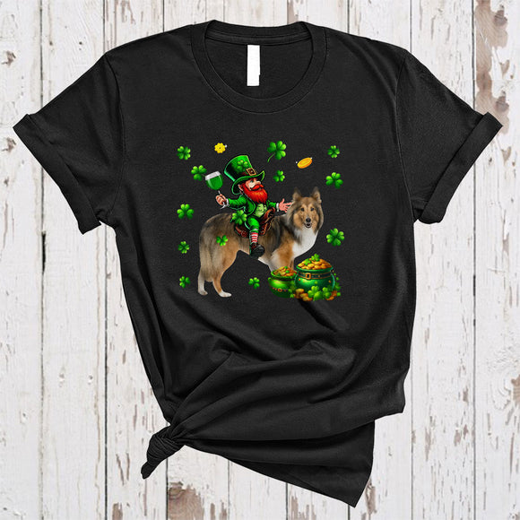 MacnyStore - Leprechaun Drinking Wine On Sheltie, Joyful St. Patrick's Day Shamrock, Drinking Team T-Shirt