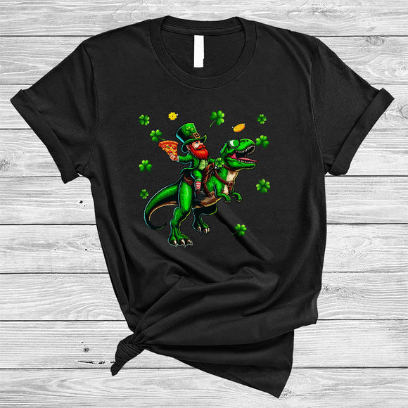 MacnyStore - Leprechaun Eating Pizza On T-Rex, Humorous St. Patrick's Day Pizza Lover T-Rex, Lucky Shamrock T-Shirt