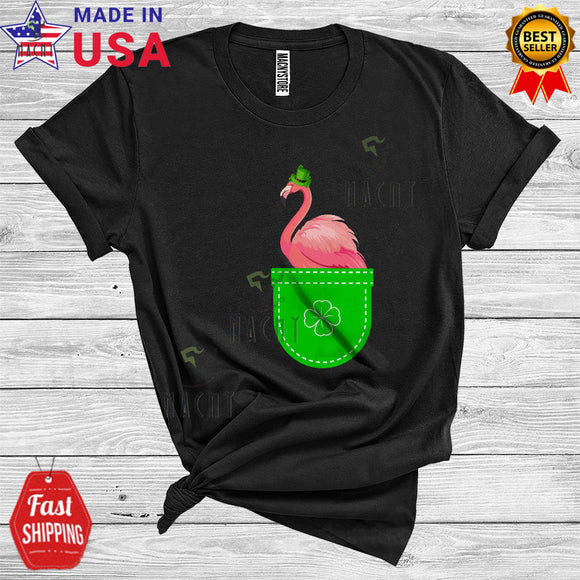 MacnyStore - Leprechaun Flamingo In Shamrock Pocket Funny Cute St. Patrick's Day Flamingo Farmer Animal Lover T-Shirt