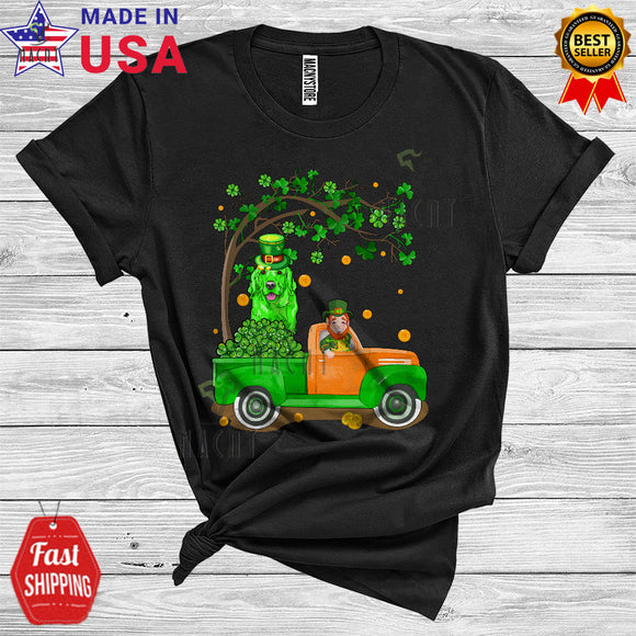 MacnyStore - Leprechaun Golden Retriever On Irish Flag Pickup Truck Cool Cute St. Patrick's Day Shamrock Tree T-Shirt