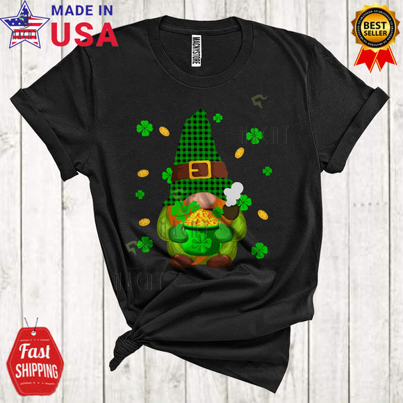 MacnyStore - Leprechaun Green Plaid Gnome Smoking Cool Funny St. Patrick's Day Gnome Holding Gold Pot Shamrocks T-Shirt