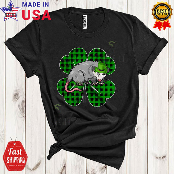 MacnyStore - Leprechaun Opossum With Green Plaid Shamrock Shape Funny Cool St. Patrick's Day Irish Animal Lover T-Shirt