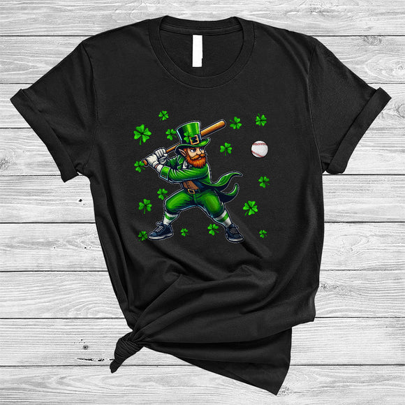 MacnyStore - Leprechaun Playing Baseball, Joyful St. Patrick's Day Sport Player Team, Irish Shamrock T-Shirt