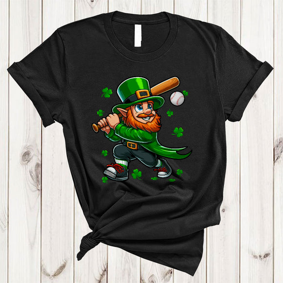MacnyStore - Leprechaun Playing Baseball, Lovely St. Patrick's Day Baseball Shamrocks, Matching Sport Player Team T-Shirt