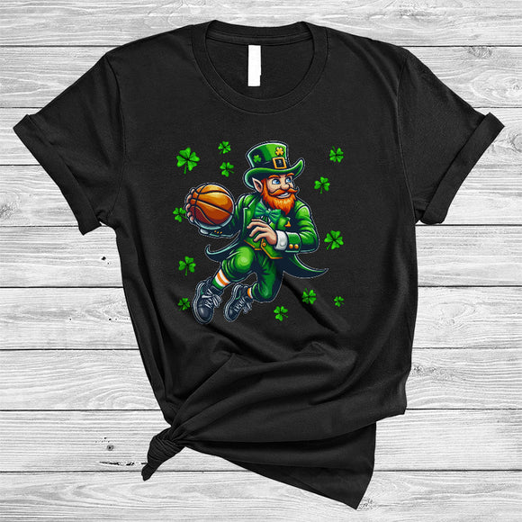 MacnyStore - Leprechaun Playing Basketball, Joyful St. Patrick's Day Sport Player Team, Irish Shamrock T-Shirt