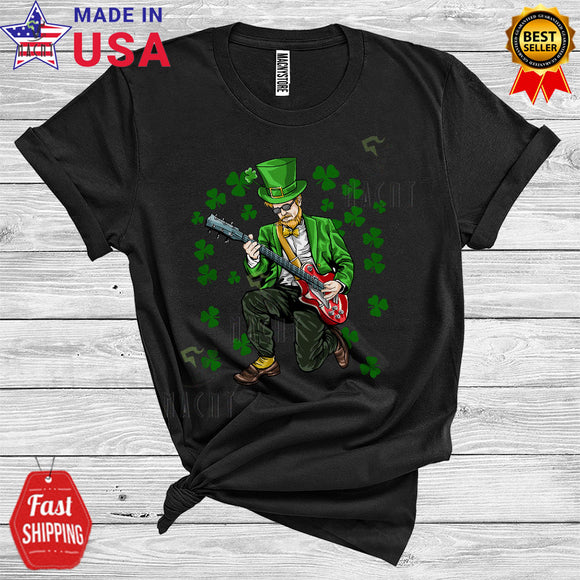 MacnyStore - Leprechaun Playing Electric Guitar Funny Cool St. Patrick's Day Party Shamrocks Musical Instruments T-Shirt