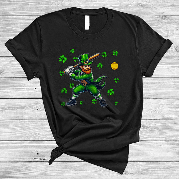 MacnyStore - Leprechaun Playing Softball, Joyful St. Patrick's Day Sport Player Team, Irish Shamrock T-Shirt