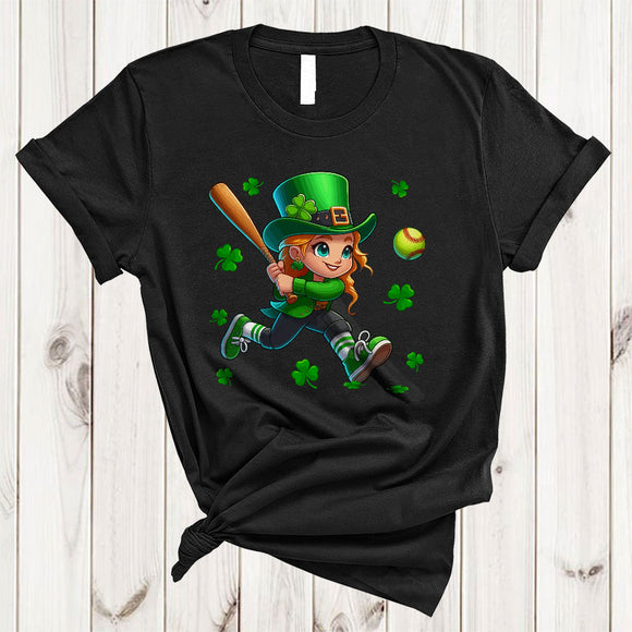 MacnyStore - Leprechaun Playing Softball, Lovely St. Patrick's Day Softball, Shamrocks, Matching Sport Player Team T-Shirt