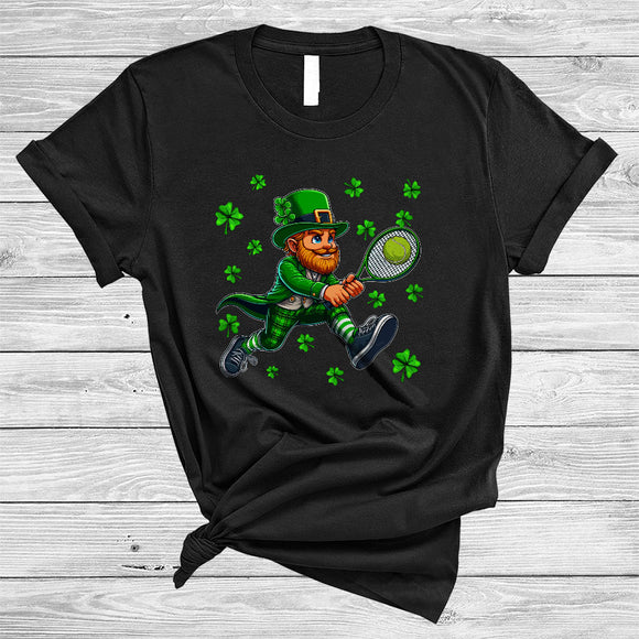MacnyStore - Leprechaun Playing Tennis, Joyful St. Patrick's Day Sport Player Team, Irish Shamrock T-Shirt