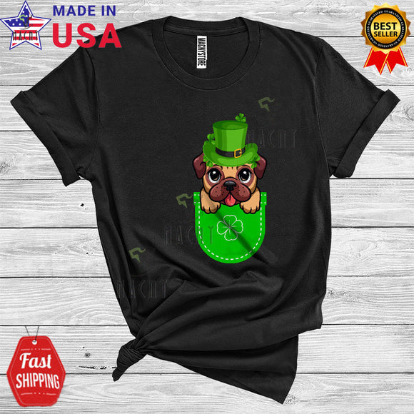 MacnyStore - Leprechaun Pug Dog In Shamrock Pocket Funny Cute St. Patrick's Day Pug Dog Owner Animal Lover T-Shirt