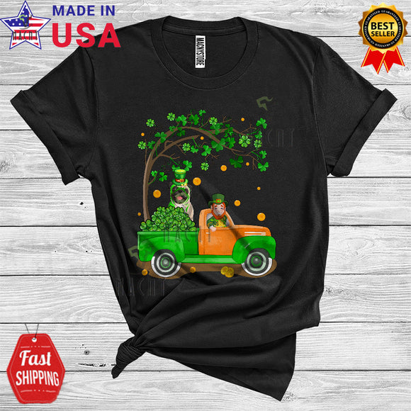 MacnyStore - Leprechaun Pug On Irish Flag Pickup Truck Cool Cute St. Patrick's Day Shamrock Tree T-Shirt