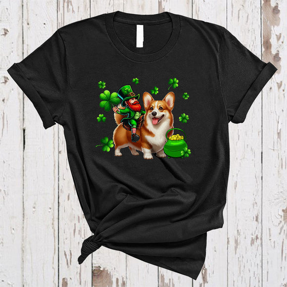MacnyStore - Leprechaun Riding Corgi, Adorable St. Patrick's Day Pot Of Gold Shamrock, Family Group T-Shirt