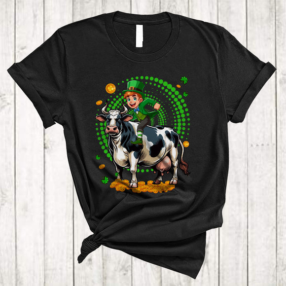 MacnyStore - Leprechaun Riding Cow, Adorable St. Patrick's Day Leprechaun Cow, Shamrock Animal Lover T-Shirt