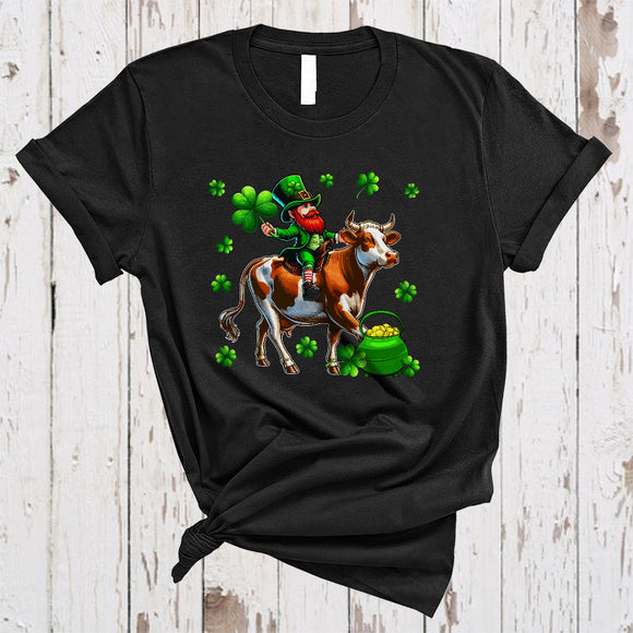 MacnyStore - Leprechaun Riding Cow, Adorable St. Patrick's Day Pot Of Gold Shamrock, Family Group T-Shirt