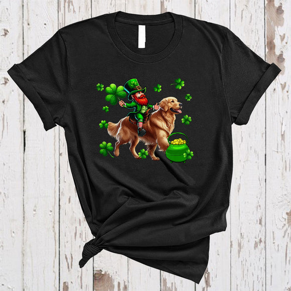MacnyStore - Leprechaun Riding Golden Retriever, Adorable St. Patrick's Day Pot Of Gold Shamrock, Family Group T-Shirt