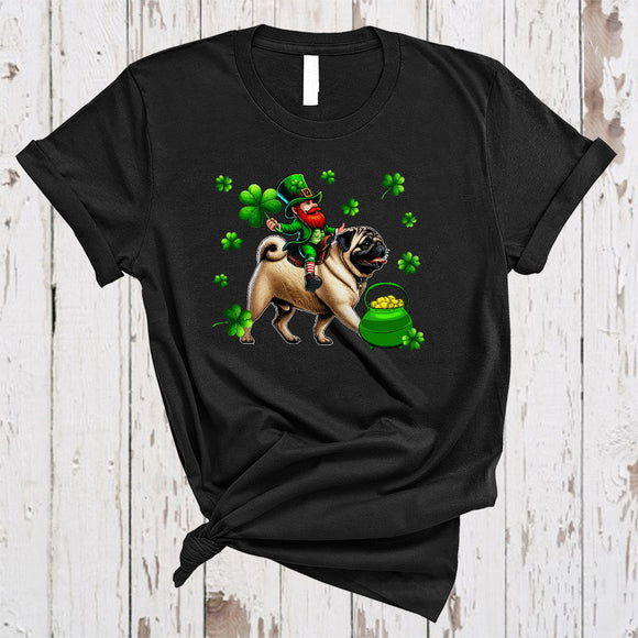 MacnyStore - Leprechaun Riding Pug, Adorable St. Patrick's Day Pot Of Gold Shamrock, Family Group T-Shirt