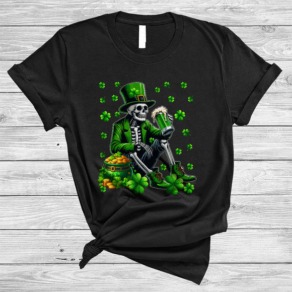 MacnyStore - Leprechaun Skeleton Drinking Beer, Wonderful St. Patrick's Day Shamrock Drinking, Drunk Team T-Shirt