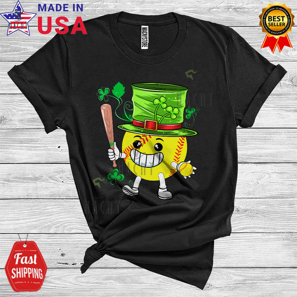 MacnyStore - Leprechaun Softball Playing Cool Cute St. Patrick's Day Shamrocks Softball Player Playing Team T-Shirt