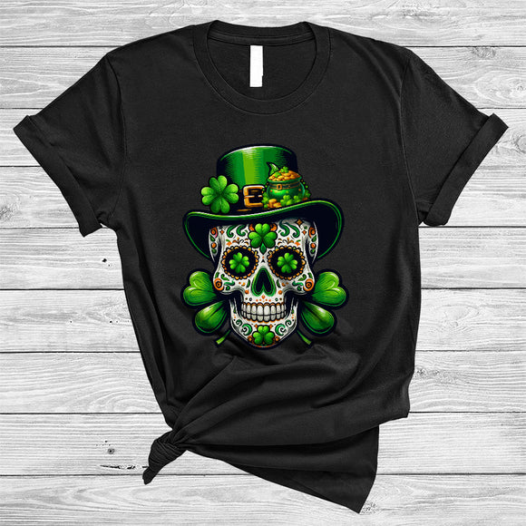 MacnyStore - Leprechaun Sugar Skull, Humorous St. Patrick's Day Sugar Skull Lover, Irish Shamrocks T-Shirt